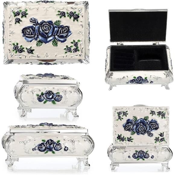 Vintage Metal Jewelry Box Small Treasure Chest Case Trinket Organizer Earrings - Picture 7 of 8